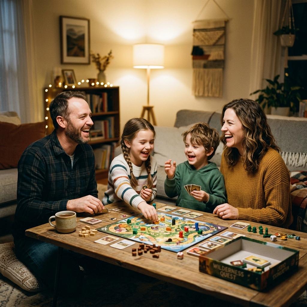 A family of four sits around a wooden coffee table, playing a board game and laughing together in a cozy living room.