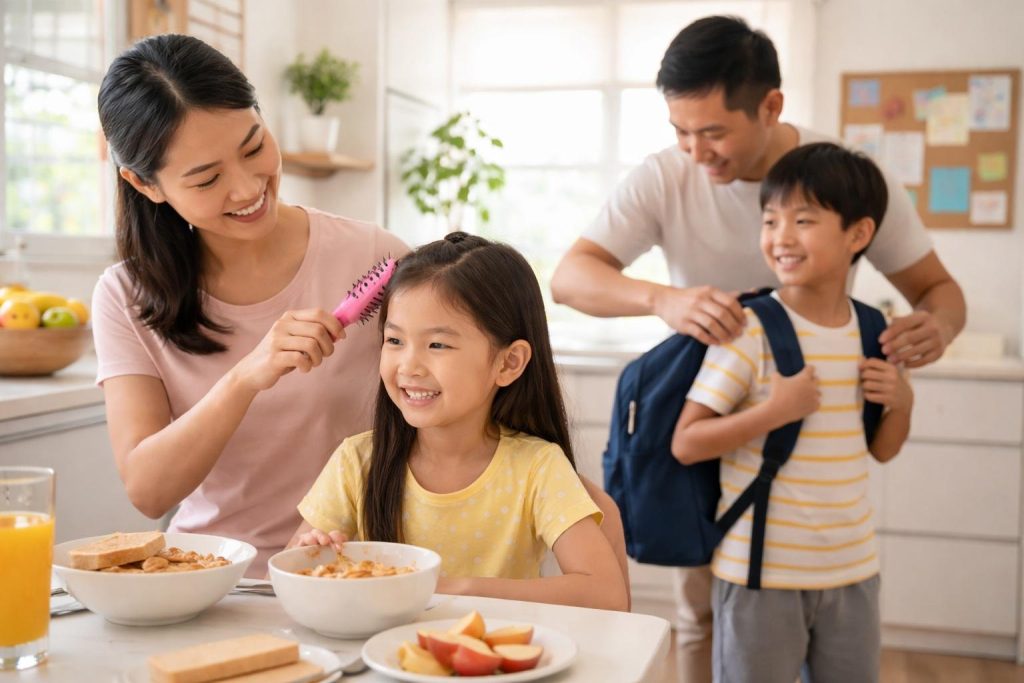 Mother brushes daughter's hair at the kitchen table during breakfast as a father helps son with a backpack in the background, smiling.